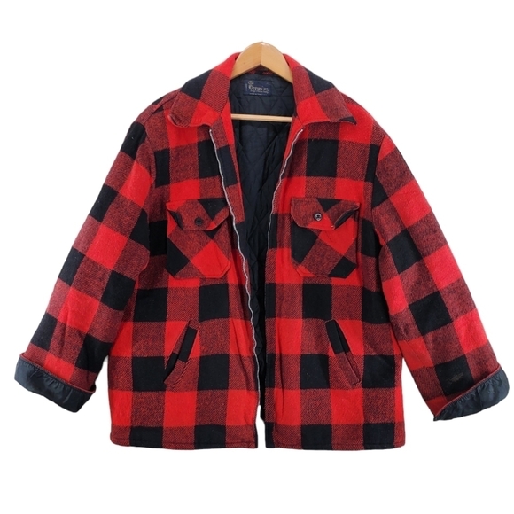Vtg Brewster Jacket Mens XL Red Black Buffalo Plaid Flannel Wool Linen Quilted - Picture 15 of 16